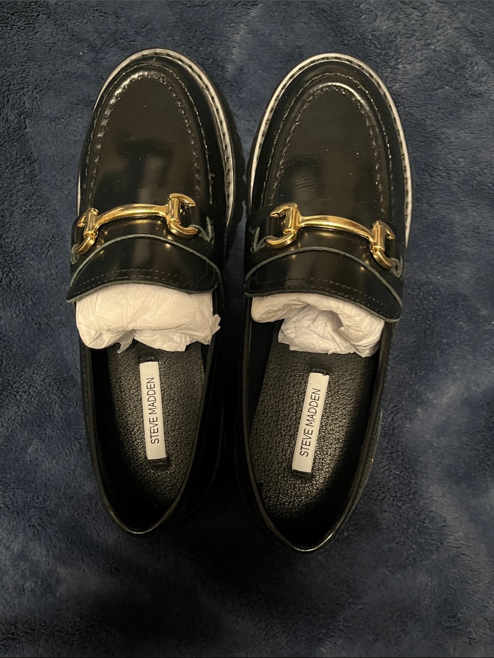 Steve Madden Black Patent Leather Loafers with Gold Bit